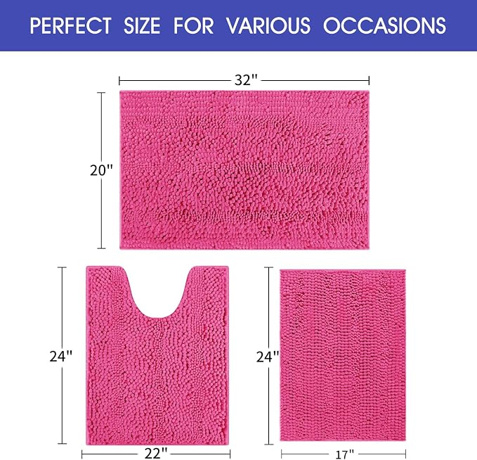 ACCUMTEK Christmas Striped Hot Pink Bathroom Rug Set 3 Pieces Ultra Soft, Non Slip Chenille Toilet Mat, Absorbent Plush Shaggy Bath Mats for Bathroom, Bedroom, Kitchen, Peach