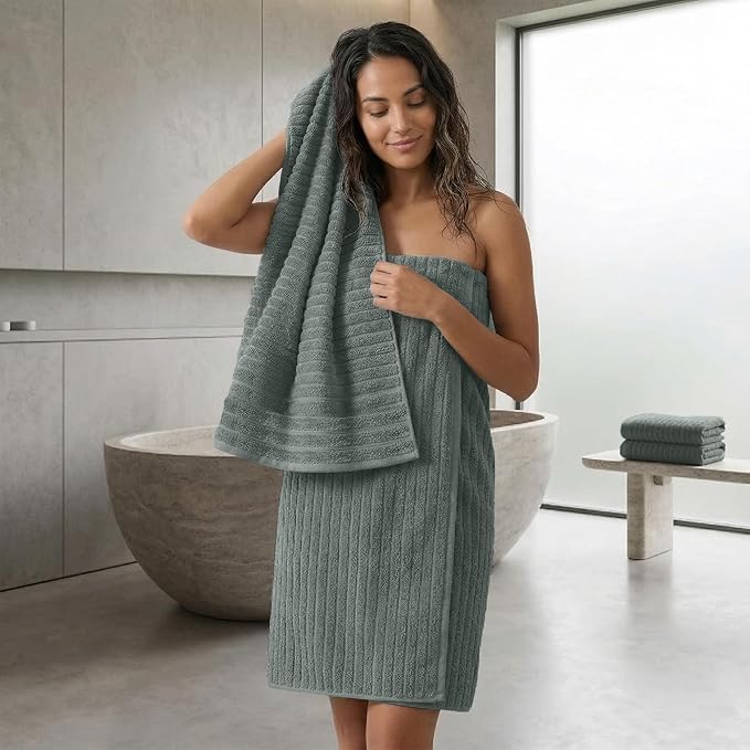 RIVERSIDE Pack of 2 Extra Large Bath Sheet Towels, 35 x 70 Inches, 600 GSM, Ribbed Stripe, 100% Cotton - Super Soft, Highly Absorbent & Quick Dry for Bathroom, Spa & Hotel, Gray