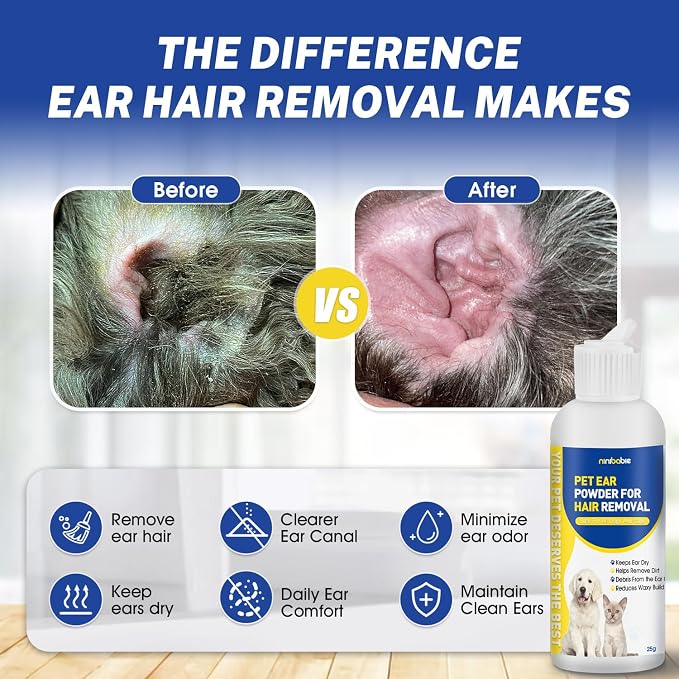 Dog Ear Hair Removal Kit with Ear Powder & 5.5" Curved Locking Forceps – Dog Ear Finger Wipes for Grooming, Helps Remove Excess Ear Hair, Dirt & Moisture, Alcohol-Free Pet Ear Care for Dogs