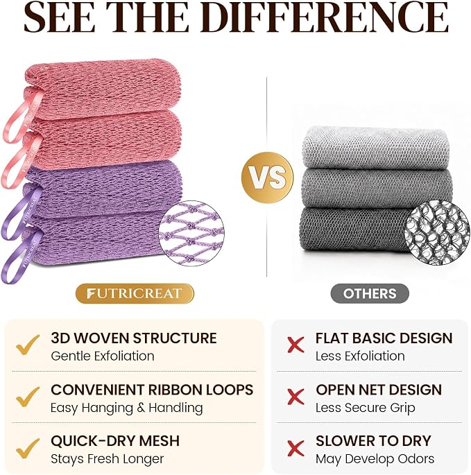 4 Pack African Net Sponge Authentic, Exfoliating Washcloth, Body & Back Scrubber, Better Alternative to Traditional Loofahs, Perfect for Daily Shower & Travel, Pink & Purple