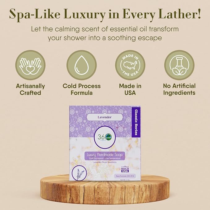 360Feel Lavender Soap - Made in The USA - Castile Handmade, All Natural, Cold Processed Infused with Refreshing Lavender Essential Oil for Relaxation & Calm - Rich, Creamy Lather - 5oz