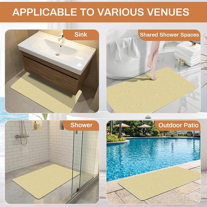 Non Slip Shower Mat 24"x16", Loofah Shower Mat for Inside Shower, Quick Drying Bath Mat for Tub & Bathroom Floor, Soft Textured & Elderly Safe, Machine Wash, Beige