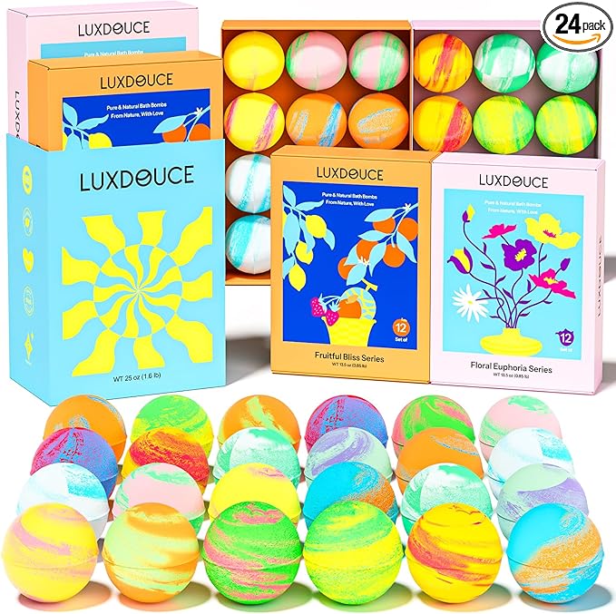 Bath Bombs Gift Se, 24 Pack Bubble Bombs with 12 Unique Scents, Floral & Fruity Collections, Skin-Soothing & Mood-Enhancing, Spa Gifts for Women, Wife, Stress Relief & Relaxation