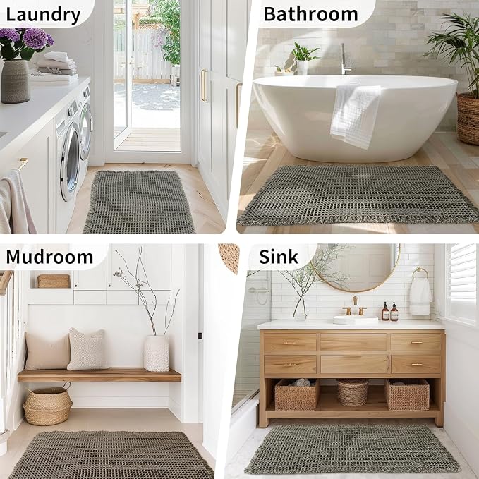 Waffle Bath Mat - Boho Bathroom Rugs Non Slip Washable, Super Absorbent & Quick Dry, Soft Bath Mat Farmhouse Bathroom Decor, 24'' x 48'', Olive Green
