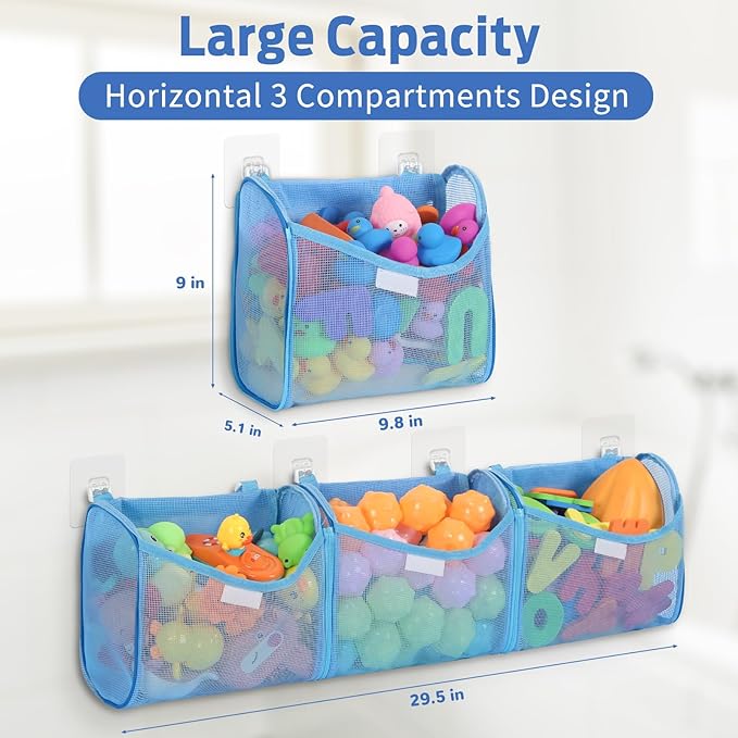 Goowin Bath Toy Storage, Bath Toy Holder, 3 Compartment Large Openings Bath Toy Organizer, Large Capacity Bath Tub Toy Holder, Kids Bathtub Toy Storage for Accessing & Sorting Toys (Blue, Upgrade)