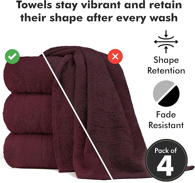 Bath Towels Set of 4 – 100% Ring Spun Cotton Burgundy Extra Large Towels for Bathroom, Spa Use (55x28 in) – 550 GSM Super Soft and Quick Dry Large Bath Sheets for Adults