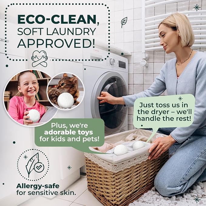 Chemical Free & Baby Safe! Reusable Wool Dryer Balls XL 6-Pack - Reduces Static, Cuts Dry Time, & Softens Naturally