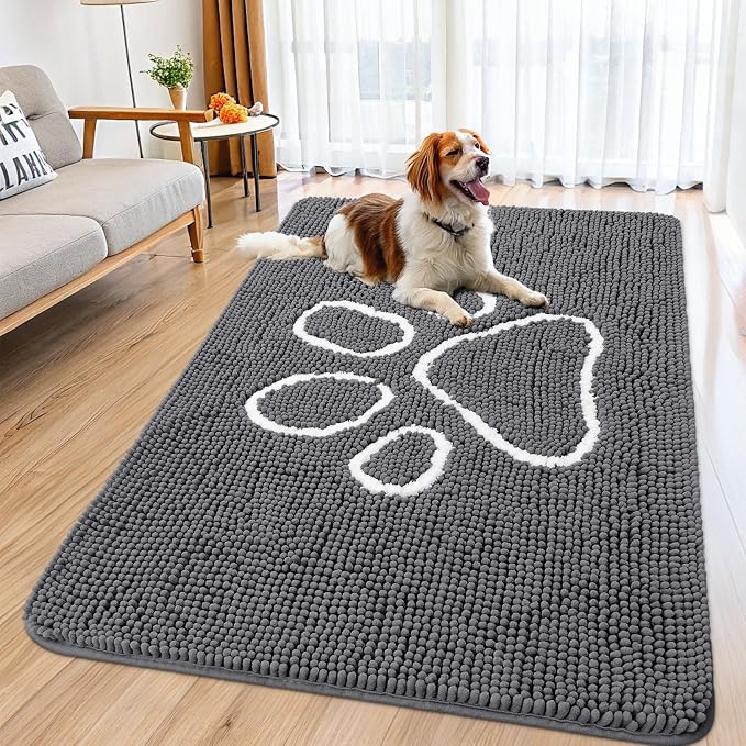 Smiry Dog Door Mat for Muddy Paws, Absorbent Dirt Trapper Non Slip Quick Dry Washable Chenille Mat for Mud Dogs, Entry Rug for Indoor and Outdoor (59x32 Inches, Dark Grey and White)