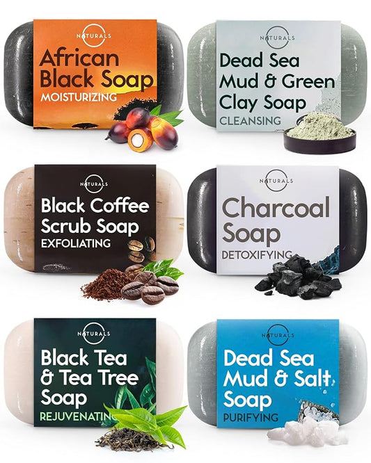 O NATURALS 100% Natural Bar Soap - Gift Set - Organic Ingredients & Essential Oils - Spa Gifts for Women & Men, Body Wash & Face Soap - 6PC Black Soap Collection - Mothers Days Gifts