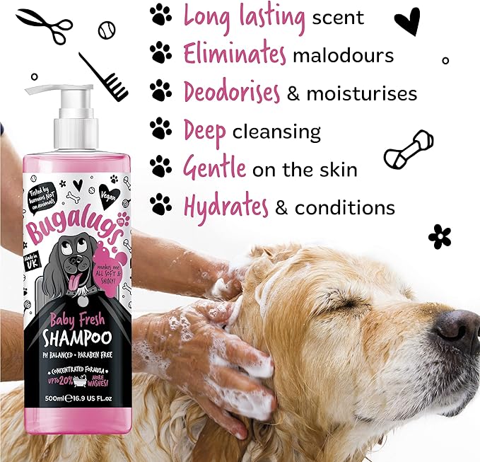 BUGALUGS Baby Fresh Dog Shampoo 16.85 FL Oz - Grooming Product for Smelly Dogs With Baby Powder Scent - Best Puppy Shampoo, Conditioner, Vegan and Professional Pet Shampoo