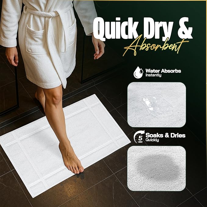 Pearl Linens Pack of 2 100% Cotton Bath Mat 18x25 inches, Soft & Absorbent Quick Dry Bathroom Mat Set, Not Bathroom Rugs, After Shower Mat, Bath Tub Mat, 781 GSM, Machine Washable, White