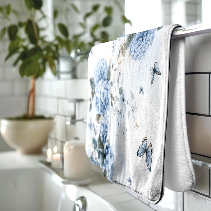 Blue Hydrangea Microfiber Hand Towels High Absorbent Coral Fleece Kitchen Towel for Home Decor