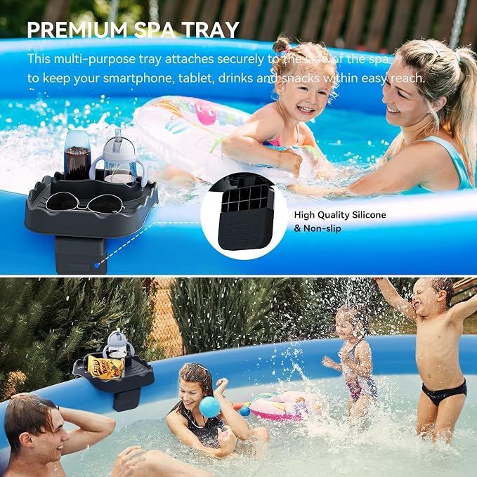 Anivia Hot Tub Table Tray, Fits 4-7 in Inflatable Spas, Gray | Accessories for Intex PureSpa, 2 Cup Holders, Drainage Holes & Non-Slip Rubber for Drinks, Phones & Snacks