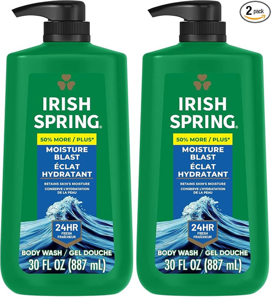 Irish Spring Mens Body Wash, Moisture Blast Body Wash for Men, Feel Fresh All Day, 30 Oz Pump Bottle (Pack of 2)