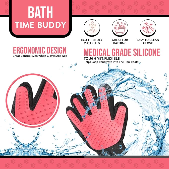 Pet Grooming Gloves – 1 Pair – Deshedding & Bath Massage Mitts for Dogs & Cats – Choose from 5 Colors – Adjustable, Reusable & Easy to Clean (Pink)