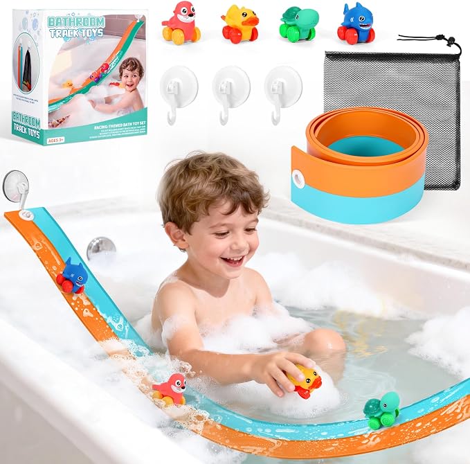 Race Car Bath Toys, Toddler Bathub Toy Set, 5 Ft Flexible Bath Race Track for Kids Ages 3+ , Cars Toy Gift for Baby Boys &Girls, Portable Rolls Up Race Tracks with 1 Mesh Storage Bag & 3 Suction Cup