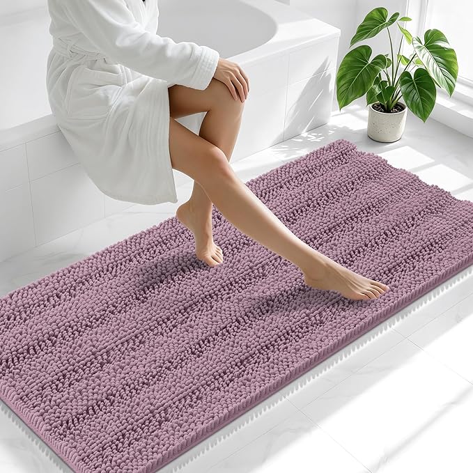 Smiry Thick Chenille Bathroom Runner Rugs 59x24, Absorbent Striped Bath Mat, Machine Washable, Rubber Backing, Extra Long Bath Rugs for Tub & Shower, Modern Home Decor Accessories, Deep Plum