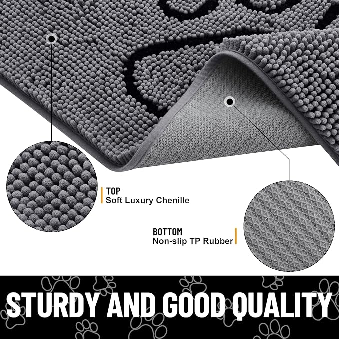 Smiry Dog Door Mat for Muddy Paws, Absorbent Dirt Trapper Non Slip Quick Dry Washable Chenille Mat for Mud Dogs, Entry Rug for Indoor and Outdoor (59x24 Inches, Dark Grey and Black)