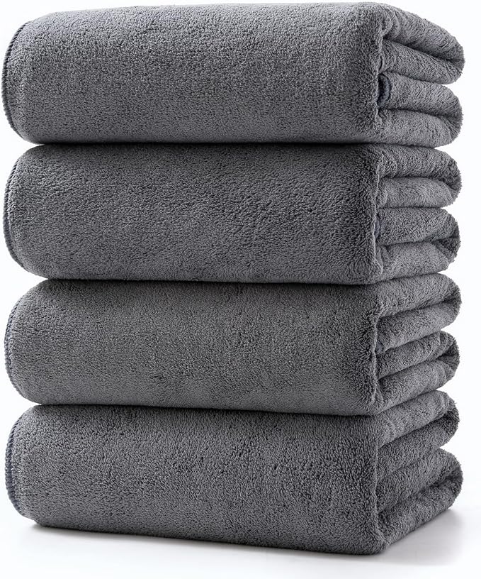 Lumimi Towels 4 Soft Microfiber Bath Towel Set Salon Gym Yoga Travel Super Absorbent Light Dry Fast Durable, 55" L x 27" W, 4 Piece Dark Grey