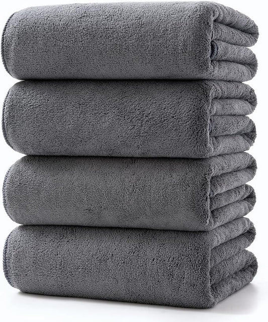 Lumimi Towels 4 Soft Microfiber Bath Towel Set Salon Gym Yoga Travel Super Absorbent Light Dry Fast Durable, 55" L x 27" W, 4 Piece Dark Grey
