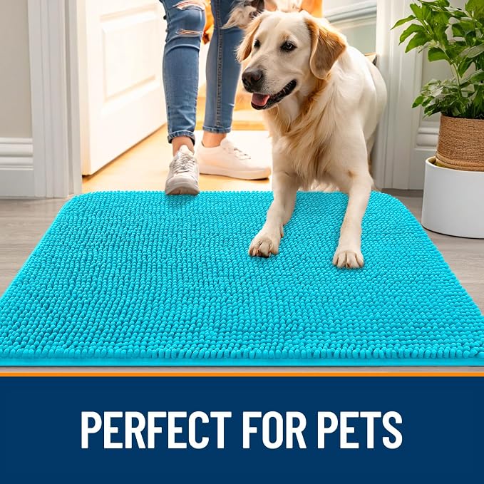OLANLY Dog Door Mat for Muddy Paws 59x24, Absorbs Moisture and Dirt, Absorbent Non-Slip Washable Doormat, Quick Dry Chenille Mud Mat for Dogs, Entry Indoor Entryway Carpet for Inside Floor, Aqua Blue