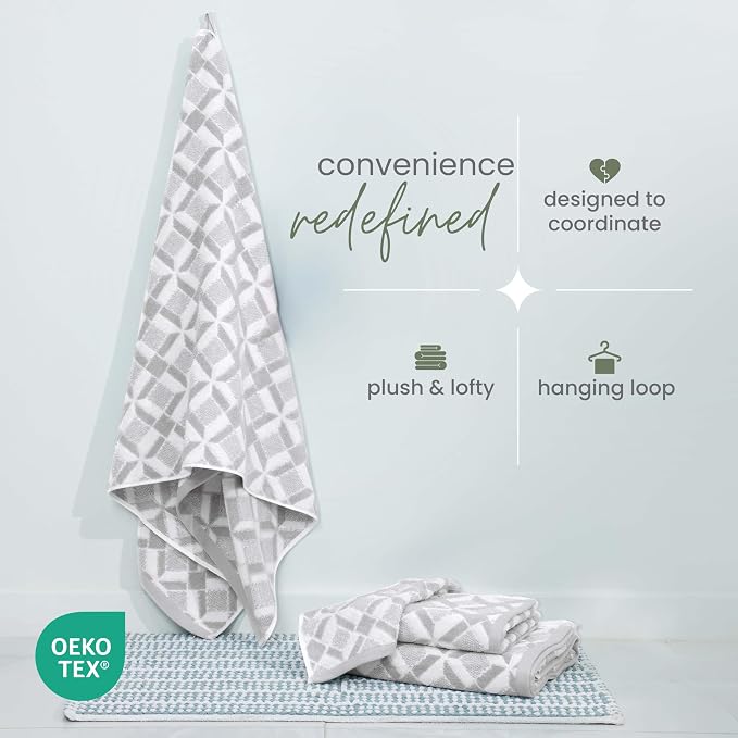 Martex Restore Geo Bath Towel – Soft, Absorbent, Moisture-Wicking and Quick to Dry – Lightweight for Everyday Use – Comfortable Feel with Convenient Loop for Hanging – 30" x 56" – Gray