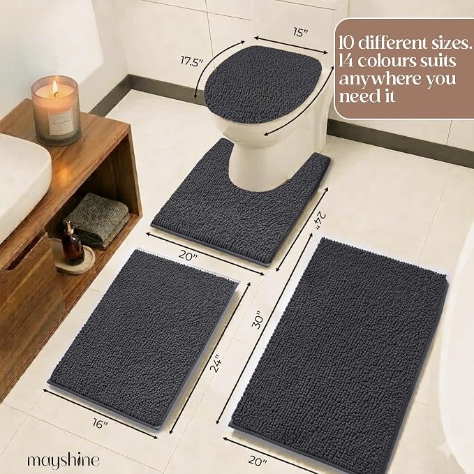 MAYSHINE Small Plush Shaggy Chenille Bath Mat 23"x14" Extra Soft, Super Absorbent, Non-Slip Bathroom Rug | Fluffy Microfiber, Area Rug Sets for Bathroom Floor, Kitchen, Living Room |Charcoal Gray