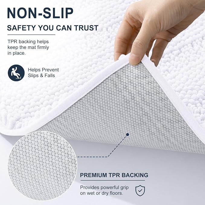 Smiry Thick Chenille Large Bathroom Rugs 45x27, Extra Soft Absorbent Striped Bath Mat, Machine Washable, Rubber Backing, Bath Rugs for Bathroom, Tub & Shower, Home Decor Accessories, White