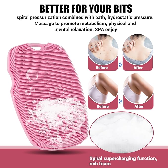 Canroom Silicone Body Scrubber - Anti Zinc Infused-Highly Elastic Bristles Exfoliating Body Scrubber for Shower Body,Cellulite Reduction,Blood Circulation - Pink