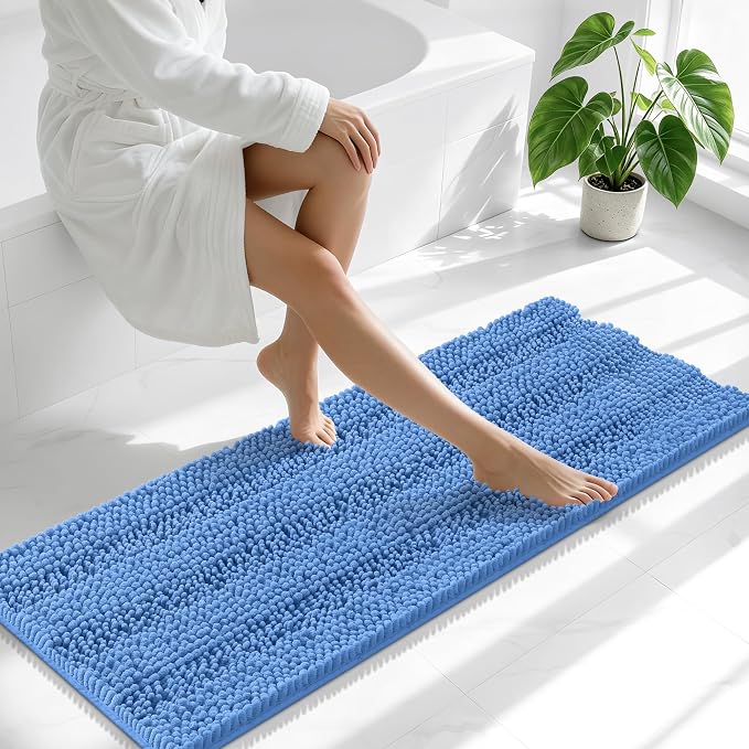 Smiry Thick Chenille Bathroom Runner Rugs 47x17, Extra Absorbent Striped Bath Mat, Machine Washable, Rubber Backing, Long Bath Rugs for Tub & Shower, Modern Home Decor Accessories, Cornflower Blue