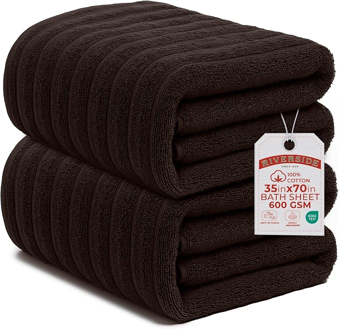 RIVERSIDE Pack of 2 Extra Large Bath Sheet Towels, 35 x 70 Inches, 600 GSM, Ribbed Stripe, 100% Cotton - Super Soft, Highly Absorbent & Quick Dry for Bathroom, Spa & Hotel, Brown