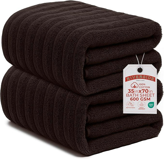 RIVERSIDE Pack of 2 Extra Large Bath Sheet Towels, 35 x 70 Inches, 600 GSM, Ribbed Stripe, 100% Cotton - Super Soft, Highly Absorbent & Quick Dry for Bathroom, Spa & Hotel, Brown