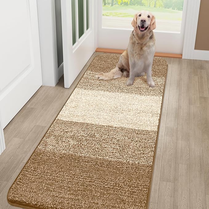 Smiry Dog Door Mat for Muddy Paws, Absorbs Moisture and Dirt, Low-Profile Entryway Mat with Non-Slip Backing, Entry Indoor Outdoor Doormat for Inside Floor (48x30 Inches, Camel, Striped)