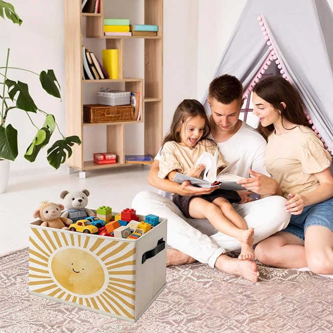 Boho Sunshine Classroom Foldable Storage Bins Box with Handles, Cute Boho Abstract Sunshine Collapsible Organizer Basket for Kids Nursery Classroom Playroom Toys Books