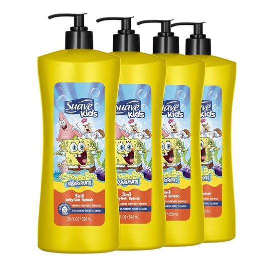 Suave Kids SpongeBob SquarePants 3-in-1 Kids Shampoo and Body Wash, Conditioner, JellyFish Splash Scent, Tear-Free & Gentle, Dermatologist Tested, 28 fl oz Pump, 4 Count