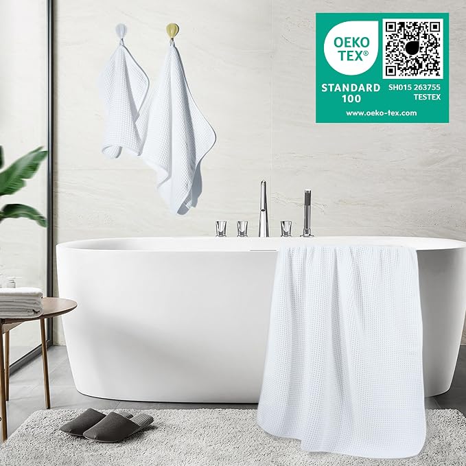 POLYTE 430 GSM Microfiber Quick Dry Lint Free Oversize Bath Towel Set, 6 Piece (Waffle Weave)