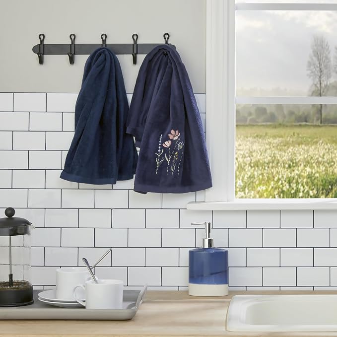 SKL Home Wildflower Field 100% Cotton Embroidered 2pc Hand Towel Set, Decorative for Bath/Kitchen/Bar & Gift, Navy