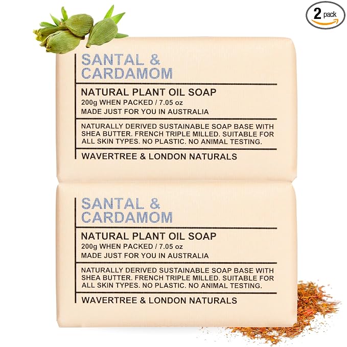 Wavertree & London Santal & Cardamon Scented Natural Soap Bars (2 Bars), 7oz Moisturizing French Triple Milled Soap enriched with shea butter - Plant Oil Bath & Body Soap Bars [100% Naturally derived]