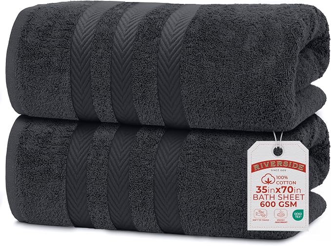 RIVERSIDE Pack of 2 Extra Large Bath Sheets 35 x 70 Inches, 100% Ring Spun Cotton, Hotel Quality, Oversized Bath Towels, Super Soft, Highly Absorbent & Quicker to Dry, Charcoal Gray