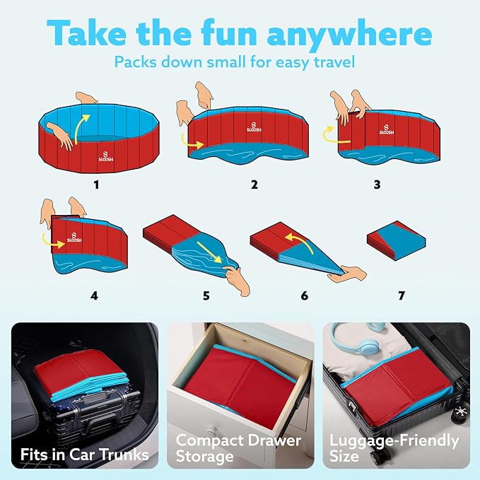 SLOOSH Foldable Dog Kiddie Pool - Portable Hard Plastic Doggie Swimming Pool, Anti-Slip Collapsible Pets Bath Tub Suitable for Kids Indoor Outdoor Backyard Use (Red, 48" x 12")