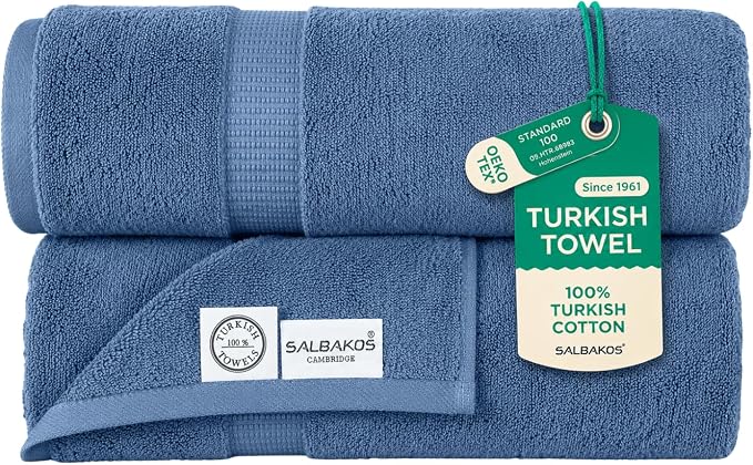 SALBAKOS 2-Piece 100% Turkish Cotton Extra Large Bath Towel 35x70 inch | Premium Hotel Quality Bath Sheet Towels | Thick, Soft, Absorbent, Oversized Bath & Beach Towels (Blue, 2 Bath Sheets)