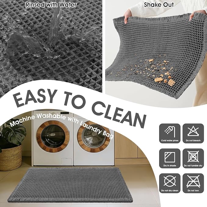 ACCUMTEK Upgraded Waffle Bath Mat, 32"x20" Grey, Super Absorbent Non-Slip Quick Dry Bathroom Rugs with Tassels, Machine Washable Ultra Soft Boho Bath Rugs for Floor, Toilet Mats Boho Farmhouse Decor