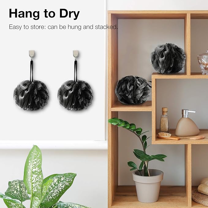 DadyMart Bath Shower Loofah Sponge 60g Bath Mesh Pouf Shower Ball Body Scrubber Exfoliating Bath Sponge for Women and Men, Set of 4, Black