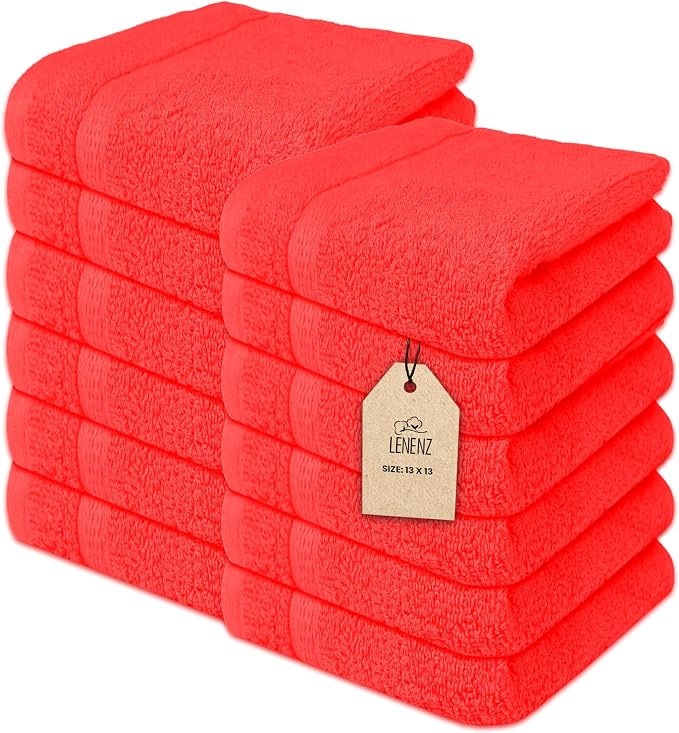 Soft Wash Cloths - 12 Pack Plush and Absorbent Cotton Washcloths for Face, Body, and Baby - Multi-Purpose, Quick-Dry Wash Cloths Set 13x13'' (Red)