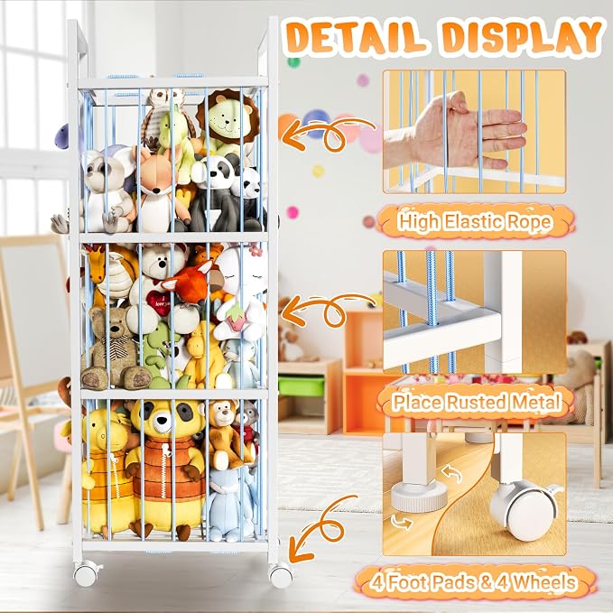 Stuffed Animal Storage, Metal Stuffed Animal Holder with Wheels & Elastic Cords, Space Save Toy Organizer, Large Capacity Stuffed Animal Zoo for Playroom, Bedroom, Nursery (54" Blue)