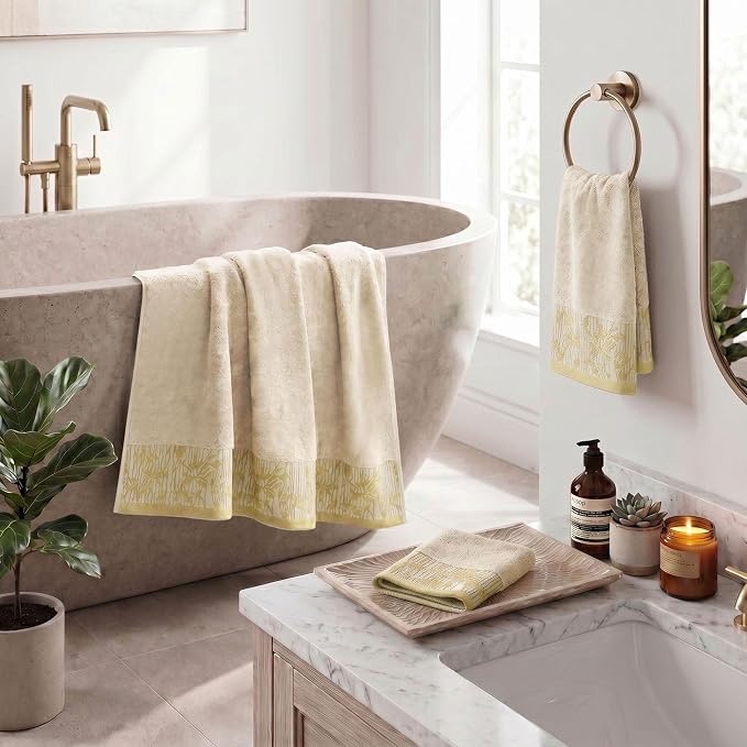 Superior Floral Jaquard Cotton Bathroom Towels, 3pc Towel Set, Ivory | Soft Absorbent Quick Dry Terry Weave, Hotel Quality, Wisteria Towels Includes 1 Bath Towel, 1 Hand Towel, 1 Face Washcloth