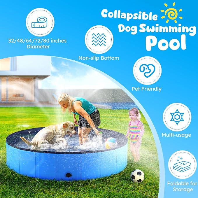 Niubya Foldable Dog Pool, Collapsible Hard Plastic Swimming Pool, Portable Bath Tub for Pets Dogs, Pet Wading Pool for Indoor and Outdoor, 72 x 12 in