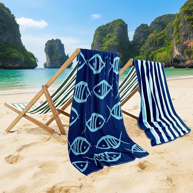 CASA COPENHAGEN Miami 6Pcs 100% Egyptian Cotton Designer Towels Gift Set- Fish Navy + Turquoise Stripe, 600GSM,2Bath2Hand2Washcloths,Bath Towels for Bathroom (Box Pack, Set for Women & Men)