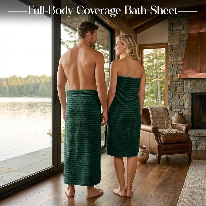 RIVERSIDE Pack of 2 Extra Large Bath Sheet Towels, 35 x 70 Inches, 600 GSM, Ribbed Stripe, 100% Cotton - Super Soft, Highly Absorbent & Quick Dry for Bathroom, Spa & Hotel, Hunter Green