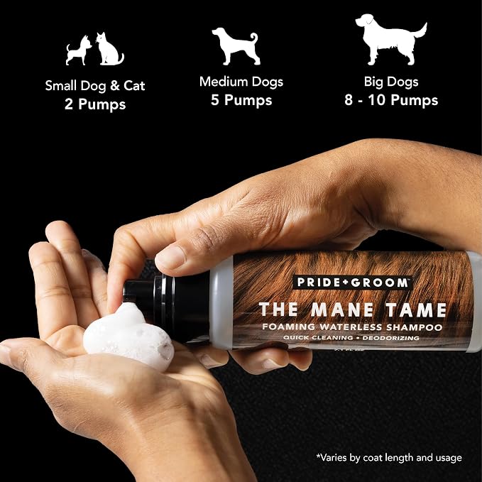 Pride and Groom The Mane Tame Dog Dry Shampoo – Waterless Foam for Dogs and Cats Made in USA for a Rinse Free Cleanse and to Eliminate Odor in Between Baths On-The-Go – 7.1 fl oz